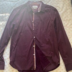 Denim & Flower purple tint white flower long sleeved button down shirt